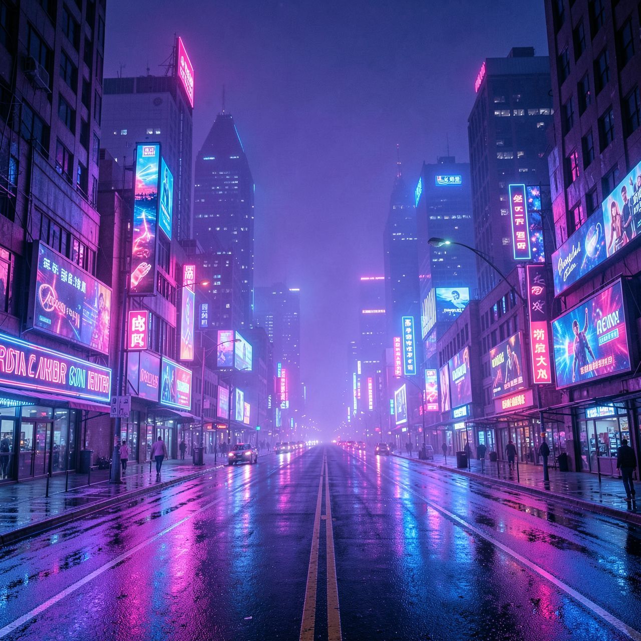 A cinematic synthwave cyberpunk city at night: endless neon-lit roads stretch through a futuristic metropolis. Skyscrapers glow with pink, purple, and electric blue lights, disappearing into thick violet-blue fog. Wet asphalt reflects neon signs and holographic billboards, creating a dreamlike, retro-futuristic atmosphere. The city feels vast, lonely, and epic, like the fall of a digital world. Strong synthwave aesthetics, 80s cyberpunk mood, glowing lights, neon haze, wide-angle perspective, cinematic lighting, retro-futurism, ultra-detailed, high contrast, album cover, 4K.