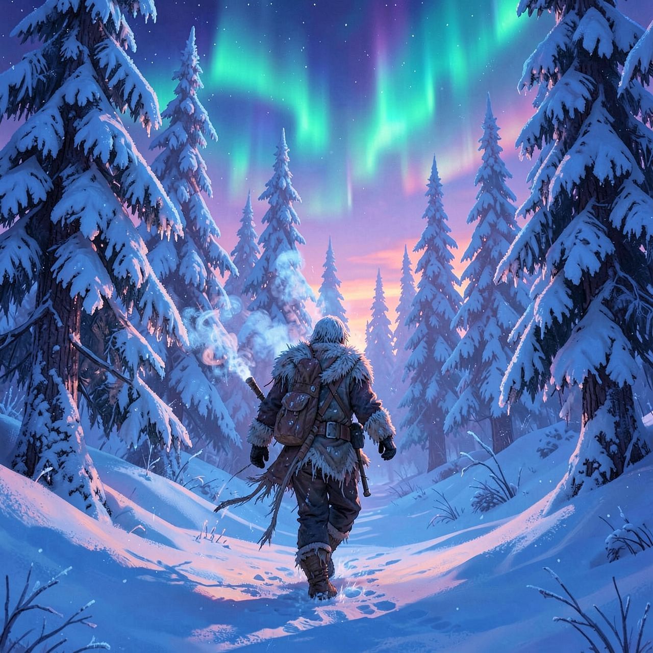 A lone frostbitten traveler in tattered furs trudges through a snow-laden forest at dusk, their breath visible in the crisp air, as ethereal auroras dance above towering ice-covered pines, casting ...
