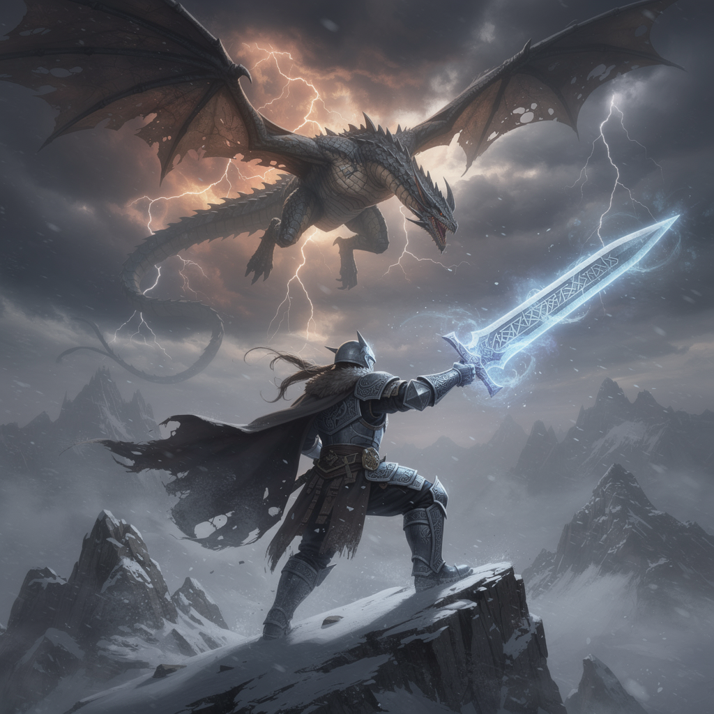 A towering, armored warrior stands atop a snow-capped peak, wielding a glowing rune-etched blade as a colossal, scaled beast descends from storm-wracked skies, its wings casting jagged shadows over...