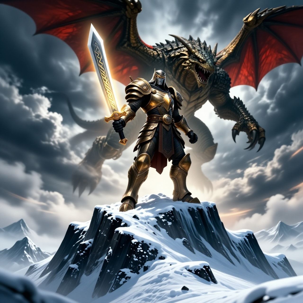 A towering, armored warrior stands atop a snow-capped peak, wielding a glowing rune-etched blade as a colossal, scaled beast descends from storm-wracked skies, its wings casting jagged shadows over...