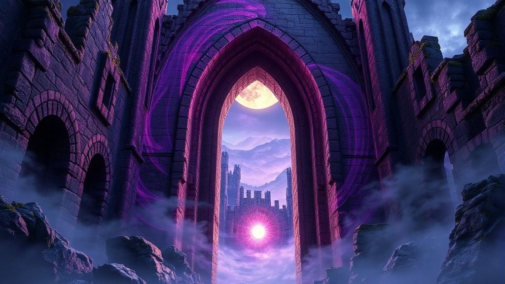 A towering, crumbling stone archway in a moonlit abandoned castle, glowing with swirling violet and gold runes, reveals a shimmering portal to another realm. Ethereal mist curls around ancient ruin...