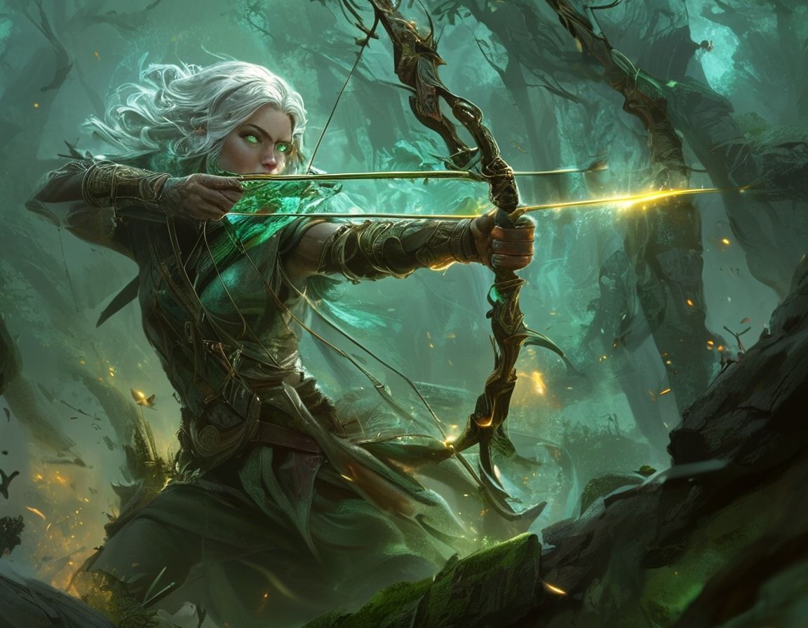 A lithe, silver-haired archer with emerald eyes draws her enchanted bow, arrow glowing with arcane energy, perched on a moss-covered ruin in an ancient forest. Mist swirls around her ankles as gold...