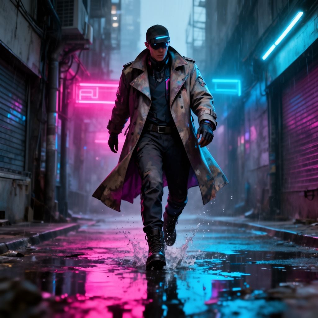 A solitary cyberpunk figure in a long, weathered trench coat walks purposefully through a rain-soaked urban alley, their boots splashing in neon-reflected puddles of electric pink and cobalt blue. ...