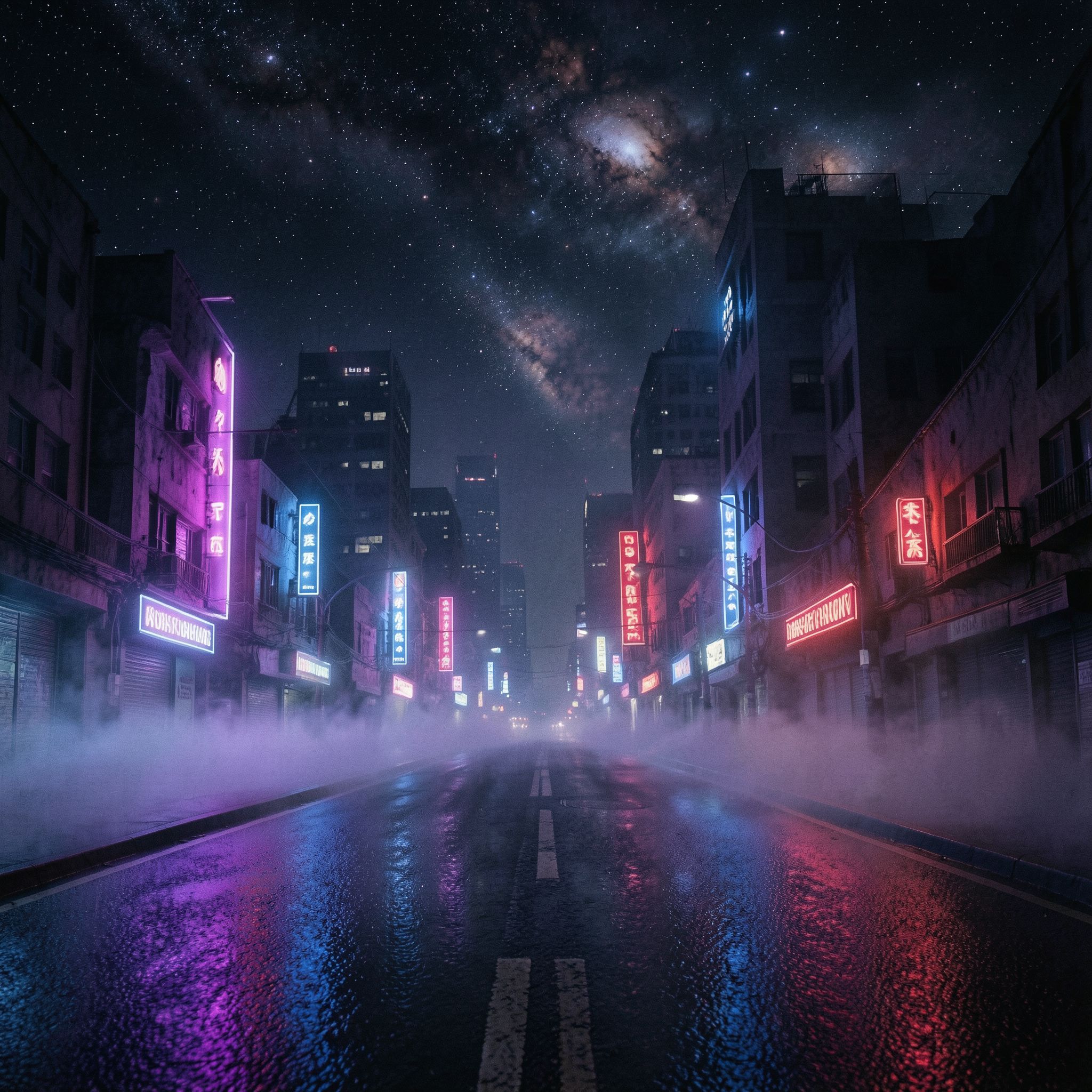 A dark synthwave cinematic scene: an empty night road cutting through a futuristic noir city, glowing with deep neon lights in purple, blue, and crimson. Thick fog drifts across the street, reflecting neon signs and distant skyscrapers. Above the city, the night sky opens into a surreal cosmic view — stars, nebula clouds, and faint galaxies blending into the urban skyline. The atmosphere is mysterious, epic, and cinematic, mixing cyberpunk noir with cosmic fantasy. High contrast lighting, dramatic perspective, wide-angle shot, neon reflections on wet asphalt, volumetric fog, deep shadows, subtle film grain, retro-futuristic color palette, epic dark mood, like a scene from a sci-fi movie.