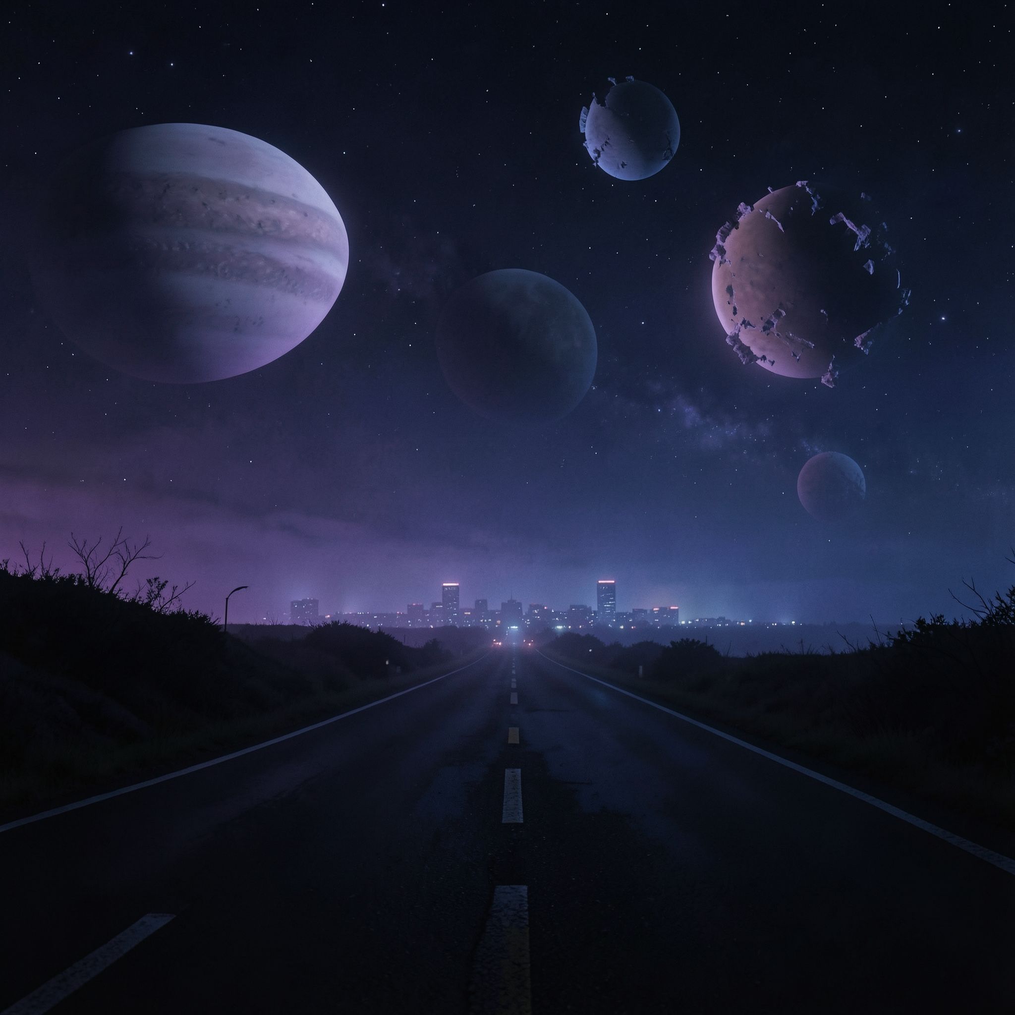 A dark, cinematic synthwave scene where a lonely night road fades into an otherworldly cosmic landscape. The city feels distant and abstract, barely visible through deep violet and blue mist. Above the horizon, massive planets and fractured moons glow softly, suspended in the dark sky like ancient celestial beings.