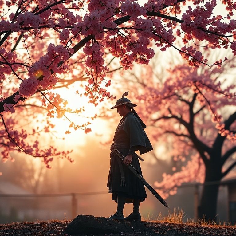 A lone samurai stands beneath a canopy of delicate pink cherry blossoms, his katana resting at his side, bathed in the soft golden light of early morning, surrounded by a gentle breeze that stirs t...