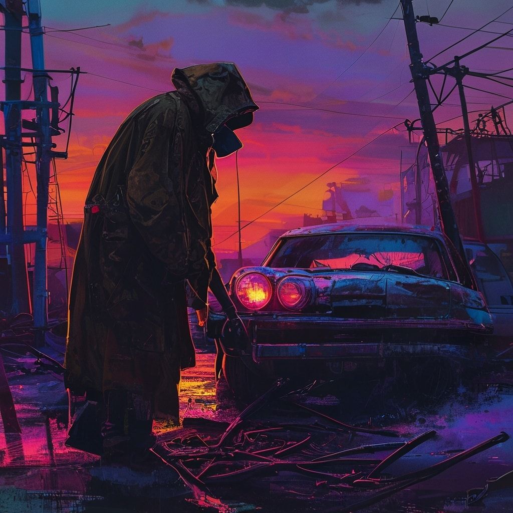 A lone scavenger in a tattered trench coat, silhouette stark against the neon glow of a junkyard at dusk, hunched over a rusted car frame, wrench in hand, shadows stretching long across twisted met...