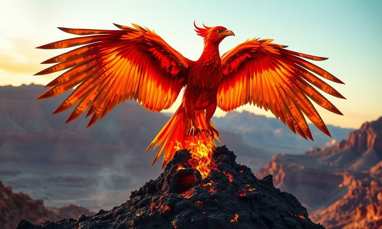 A majestic phoenix, its iridescent plumage shimmering in golden and crimson flames, ascends gracefully from a smoldering ash mound in a vast, windswept canyon at dusk, its wings casting dramatic si...
