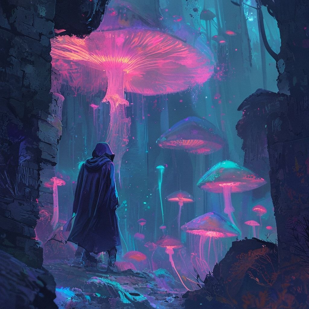 bioluminescent fungi pulse in the ruins below. A lone, hooded figure stands..