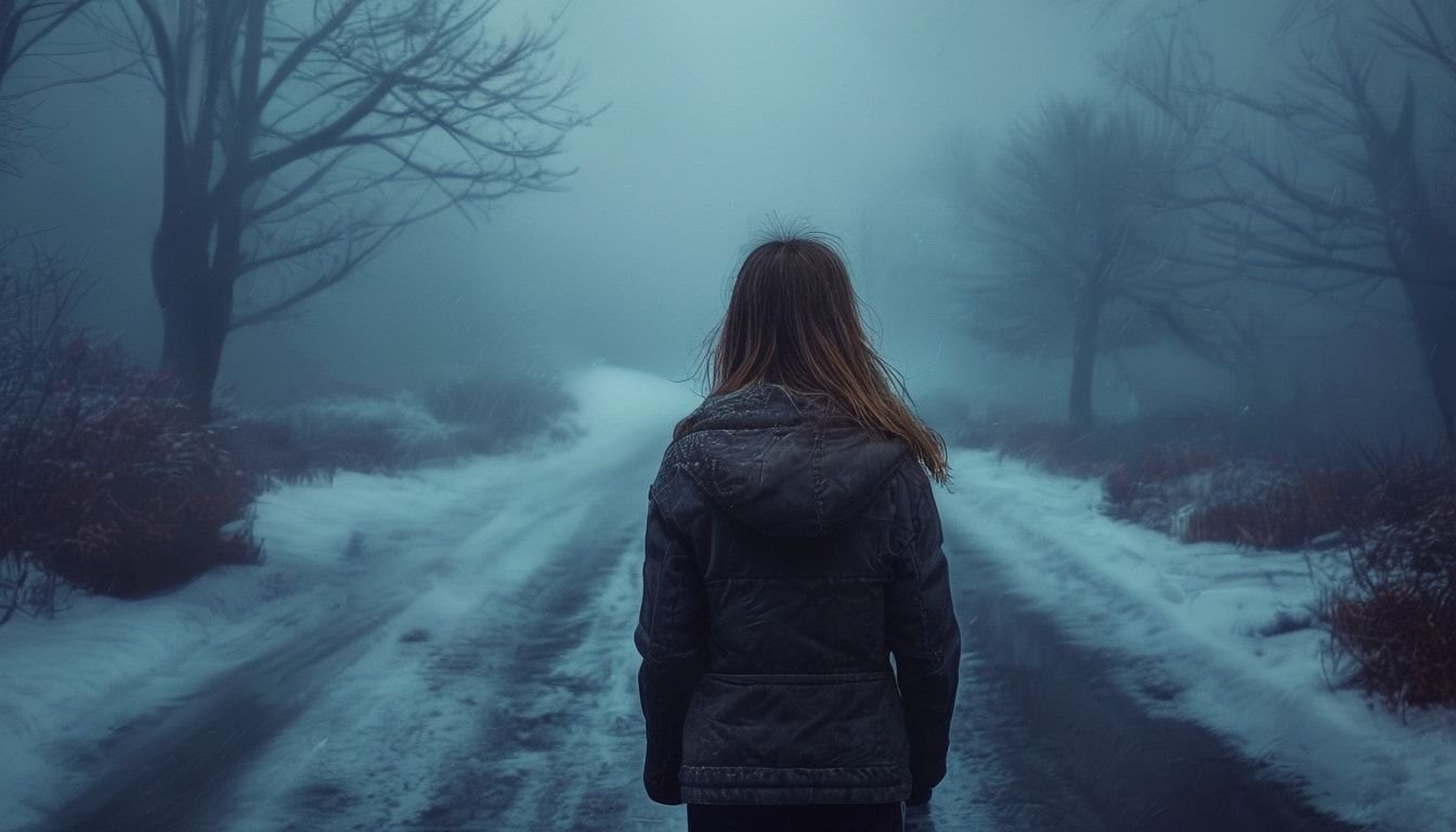 A girl with her back turned stands in a jacket on a winter road, an atmosphere of melancholy, loneliness and blue fog everywhere, as in dark ambient