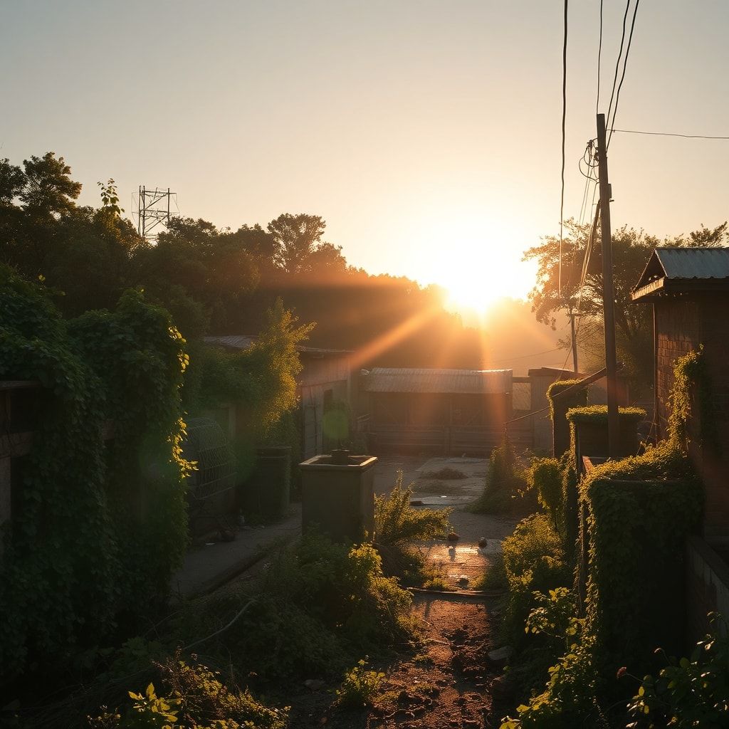 A desolate urban landscape swallowed by lush vines and towering trees, bathed in golden hour sunlight casting long shadows, captured with a shallow depth of field, hyper-detailed textures, and a ci...