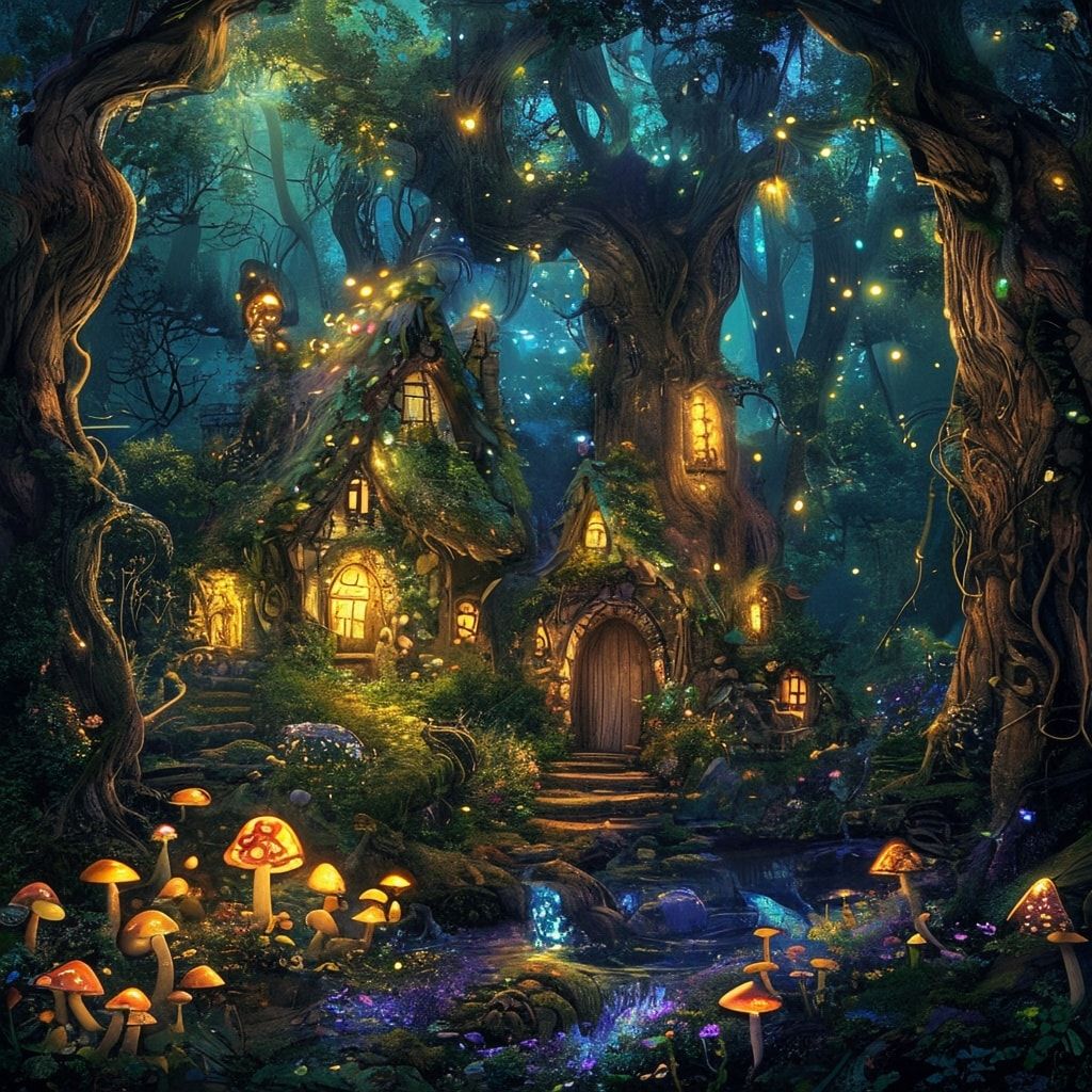 A whimsical fairy tale cottage nestled deep within an enchanted forest, glowing with soft bioluminescent mushrooms and fireflies, surrounded by towering ancient trees with twisted roots. The cottag...