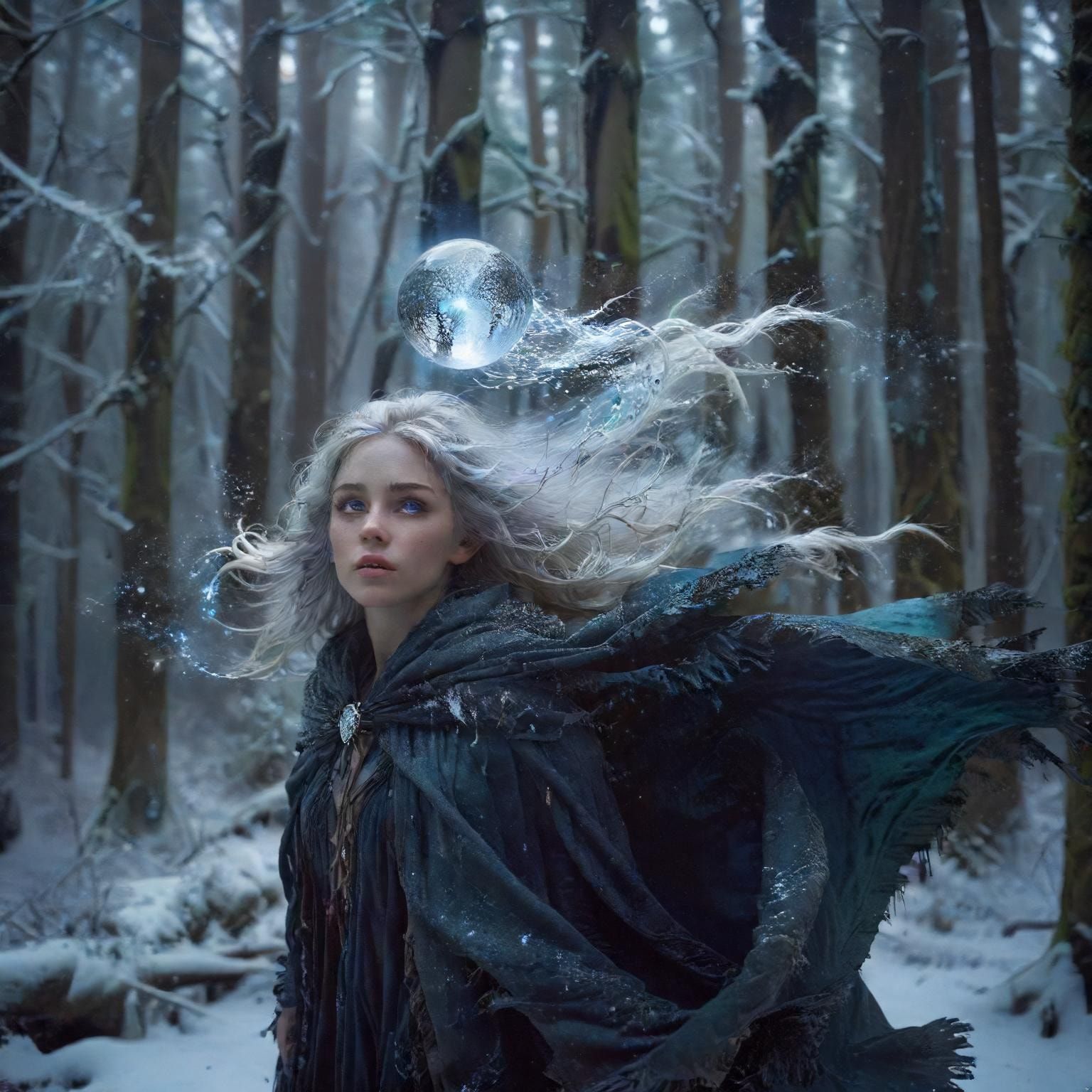 A mystical young woman with silver hair and glowing blue eyes stands amidst an ancient, snow-laden forest, her tattered cloak billowing in the icy wind as she gazes at a floating orb of ethereal li...