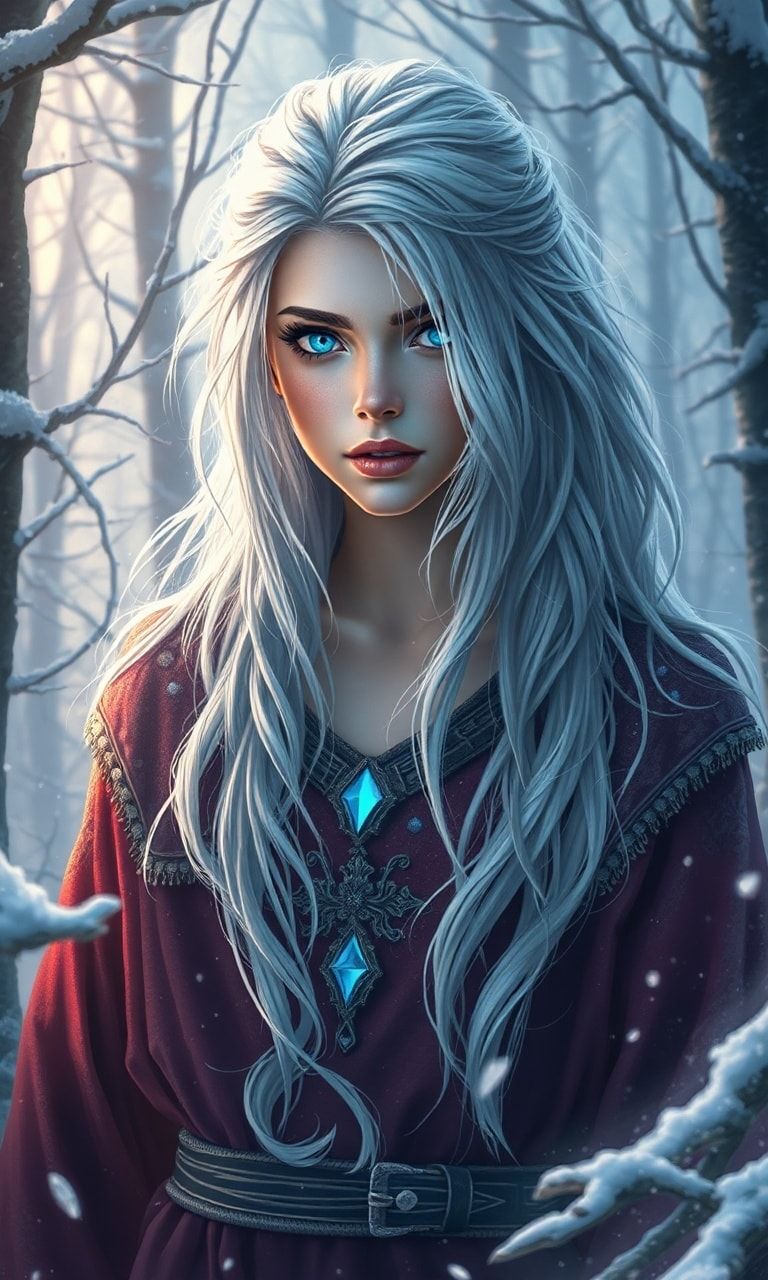 mystical young woman with silver hair and glowing blue eyes stands amidst an ancient, snow-laden forest