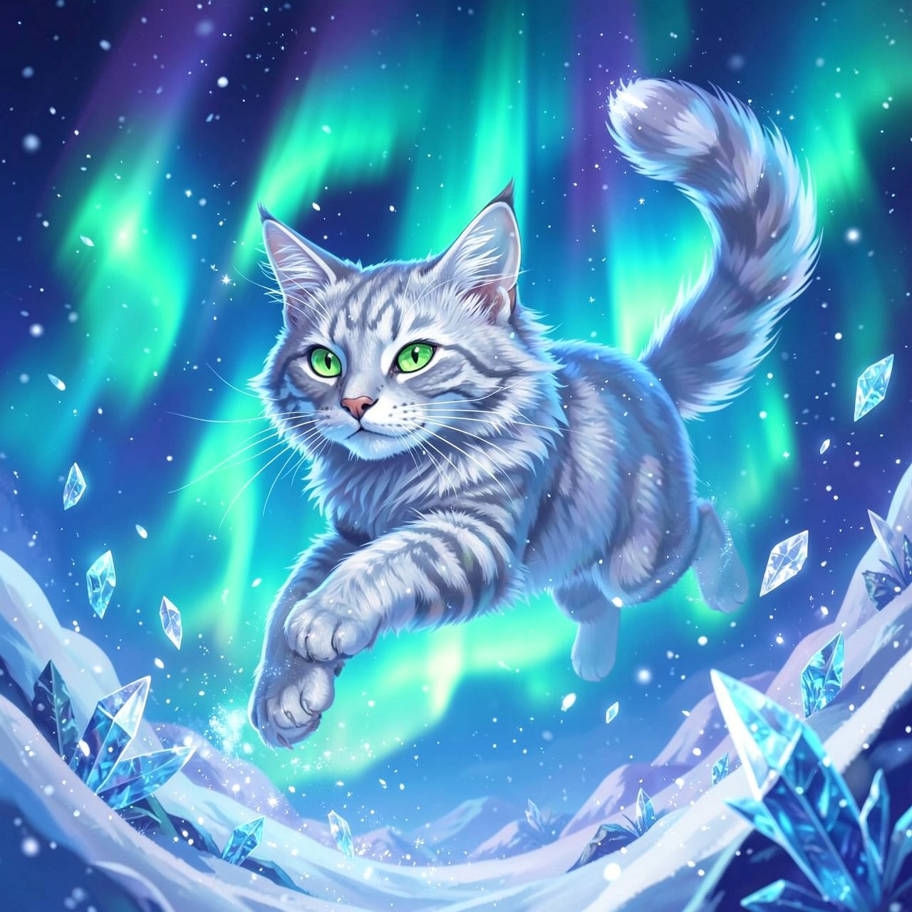 A majestic silver-furred feline with glowing emerald eyes leaps gracefully through a swirling aurora borealis, its tail trailing like a comet, surrounded by floating ice crystals and shimmering snow