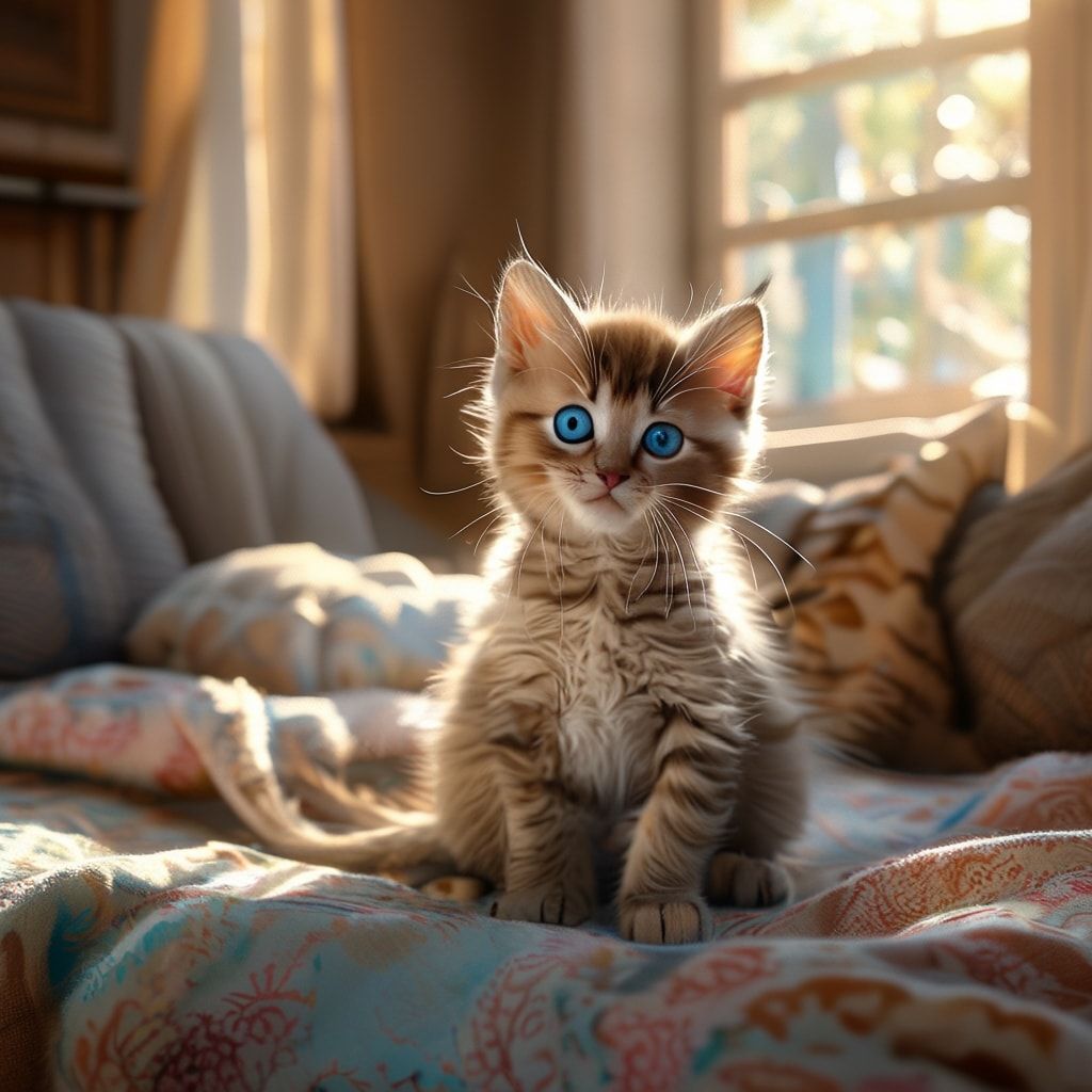 A cute, fluffy kitten with bright blue eyes, sitting on a soft, patterned blanket in a cozy living room with warm, natural sunlight streaming through a window. The kitten is looking directly at the viewer with a curious and playful expression. Photorealistic style, high detail, vibrant colors, 4K resolution, 1024x1024 pixels.