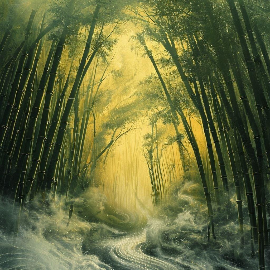 A surreal bamboo forest emerges from swirling mist, towering stalks bending into impossible arches that form an endless labyrinth. Ethereal golden light filters through the canopy, casting elongate...