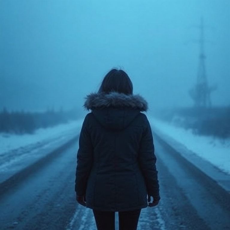 A girl with her back turned, wearing a thick winter jacket, stands alone on a snow-covered road. The scene is enveloped in thick blue fog, creating an atmosphere of deep melancholy and loneliness. The lighting is dim, with a dark ambient feel, emphasizing the cold and isolated mood. The background shows a desolate winter landscape with bare trees and distant mountains partially obscured by mist. The overall color palette is dominated by cool blues and whites, with subtle hints of dark brown from the road and the girl's jacket.