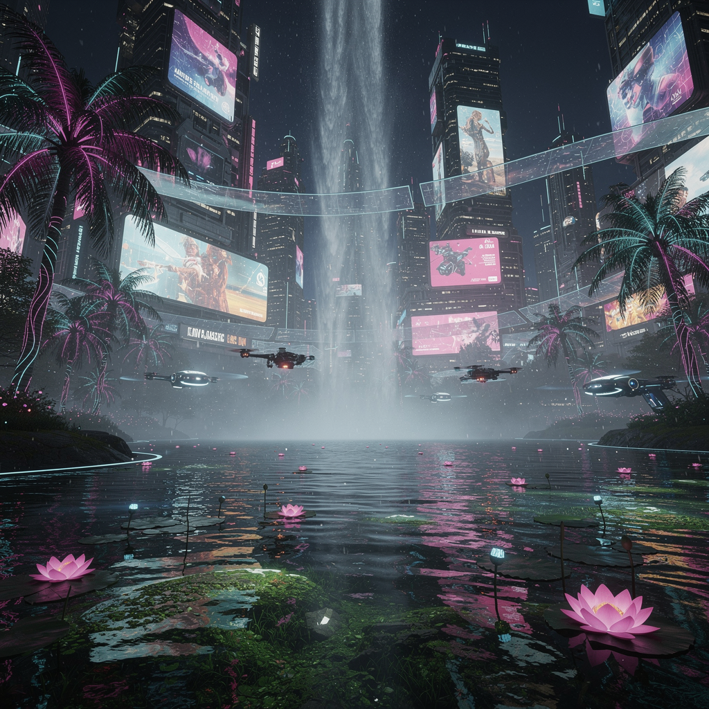 A towering neon-lit waterfall cascades into a bioluminescent lagoon, its mist glowing under the flicker of holographic billboards. Cybernetic palm trees sway in the artificial breeze, their fronds ...