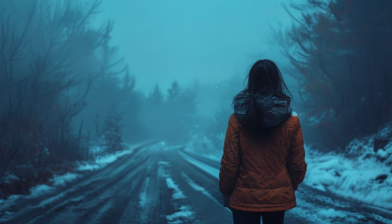 A girl with her back turned stands in a jacket on a winter road, an atmosphere of melancholy, loneliness and blue fog everywhere, as in dark ambient