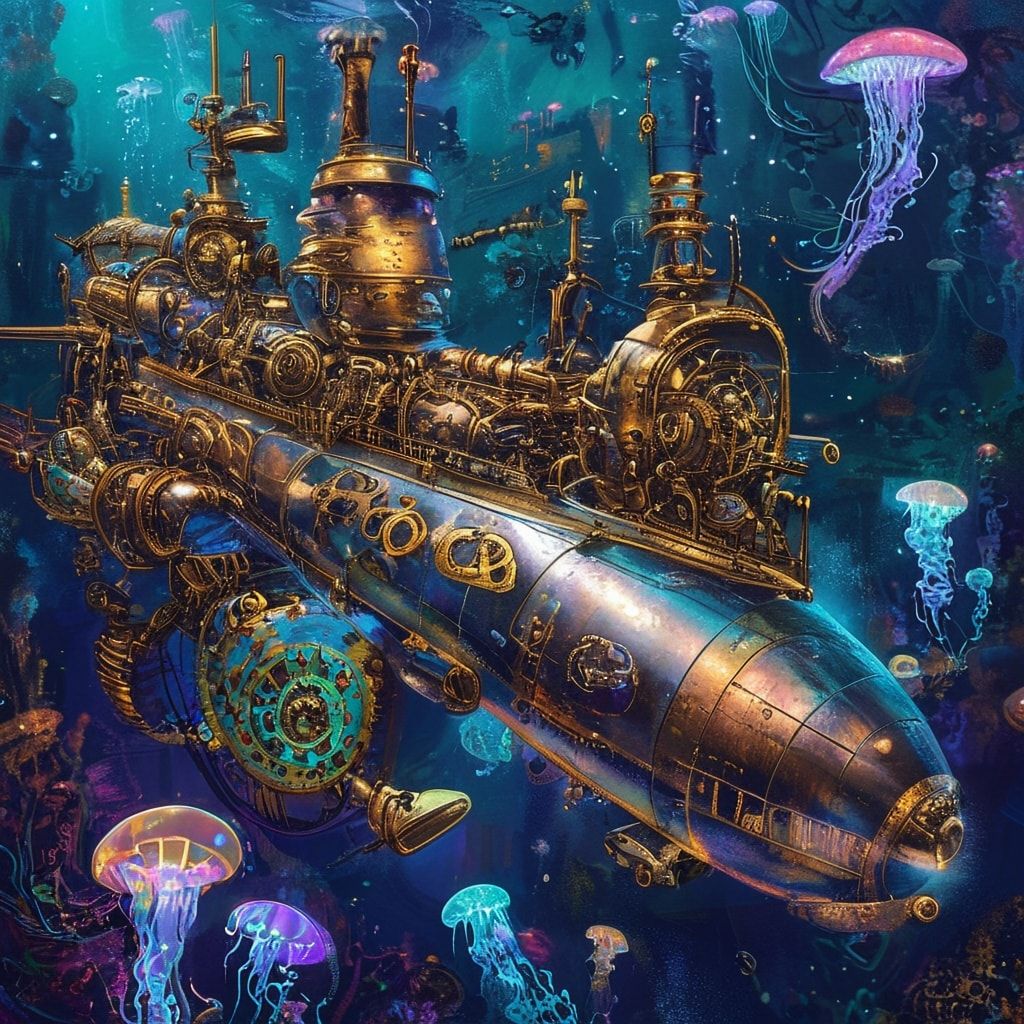 A majestic steampunk submarine glides through the deep ocean, its brass and copper hull gleaming under the soft glow of bioluminescent jellyfish. The intricate gears and pipes of the vessel are ill...