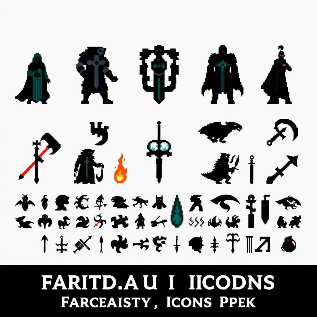 pixel art fantasy RPG UI icons pack, 16x16 pixels each, nordic medieval style, inspired by skyrim UI, dark outline, limited color palette, clean readable silhouettes, transparent background, retro pixel style, game ready icons, consistent lighting, grid aligned