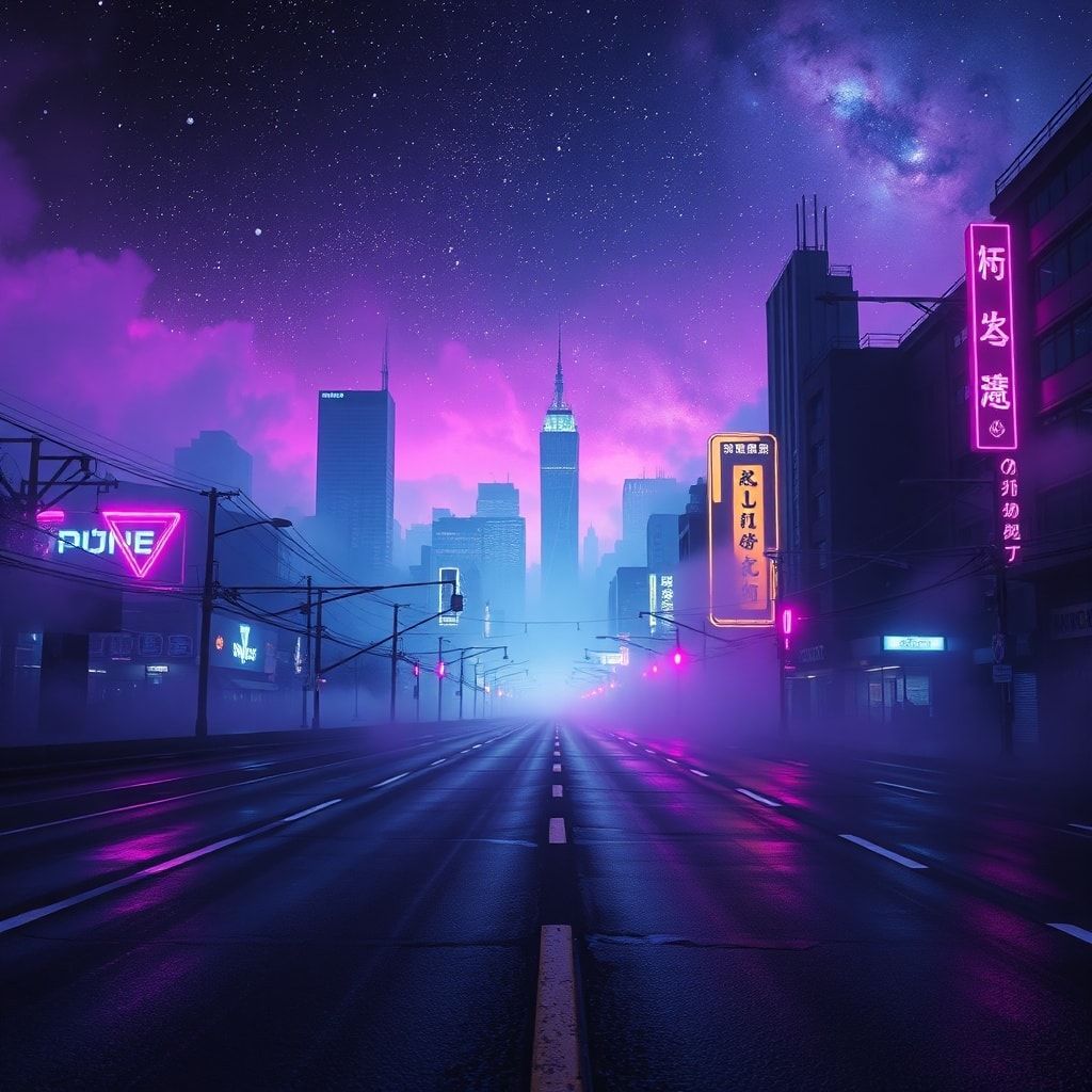 A dark synthwave cinematic scene: an empty night road cutting through a futuristic noir city, glowing with deep neon lights in purple, blue, and crimson. Thick fog drifts across the street, reflecting neon signs and distant skyscrapers. Above the city, the night sky opens into a surreal cosmic view — stars, nebula clouds, and faint galaxies blending into the urban skyline. The atmosphere is mysterious, epic, and cinematic, mixing cyberpunk noir with cosmic fantasy. High contrast lighting, dramatic perspective, wide-angle shot, neon reflections on wet asphalt, volumetric fog, deep shadows, subtle film grain, retro-futuristic color palette, epic dark mood, like a scene from a sci-fi movie.