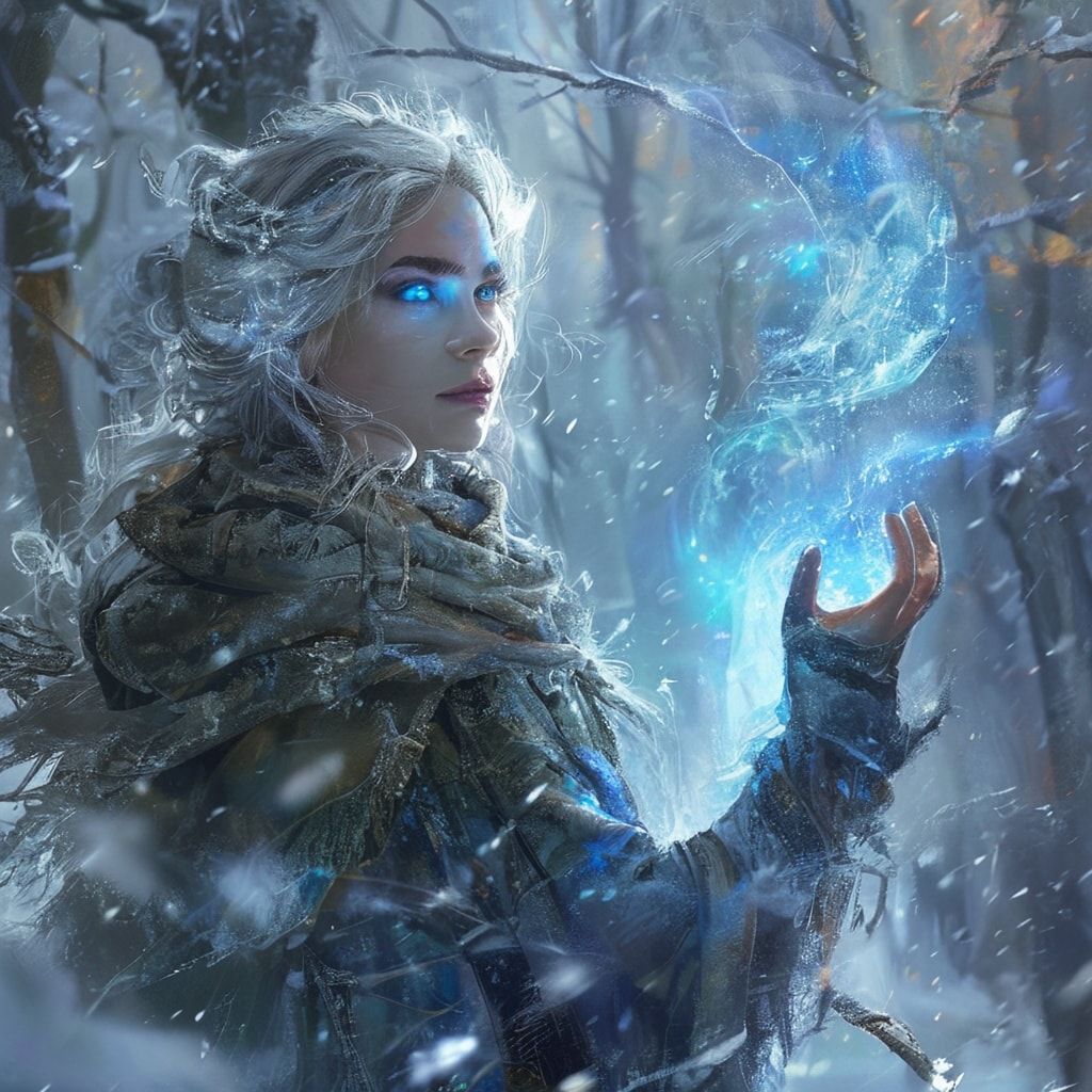 A mystical young woman with silver hair and glowing blue eyes stands amidst an ancient, snow-laden forest, her tattered cloak billowing in the icy wind as she gazes at a floating orb of ethereal li...