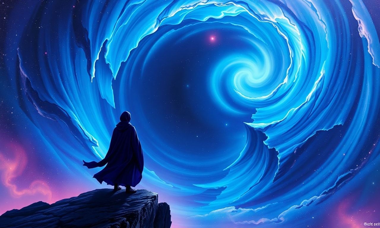 A lone figure in flowing indigo robes stands at the precipice of an infinite, spiraling void, their silhouette bathed in the soft, otherworldly radiance of a celestial aurora, while cosmic tendrils...