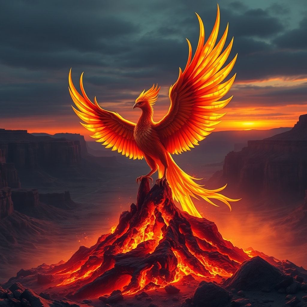 A majestic phoenix, its feathers ablaze with golden and crimson hues, rises from a smoldering ash mound in a vast, desolate canyon at dusk, backlit by a fiery sunset casting long shadows, with dram...