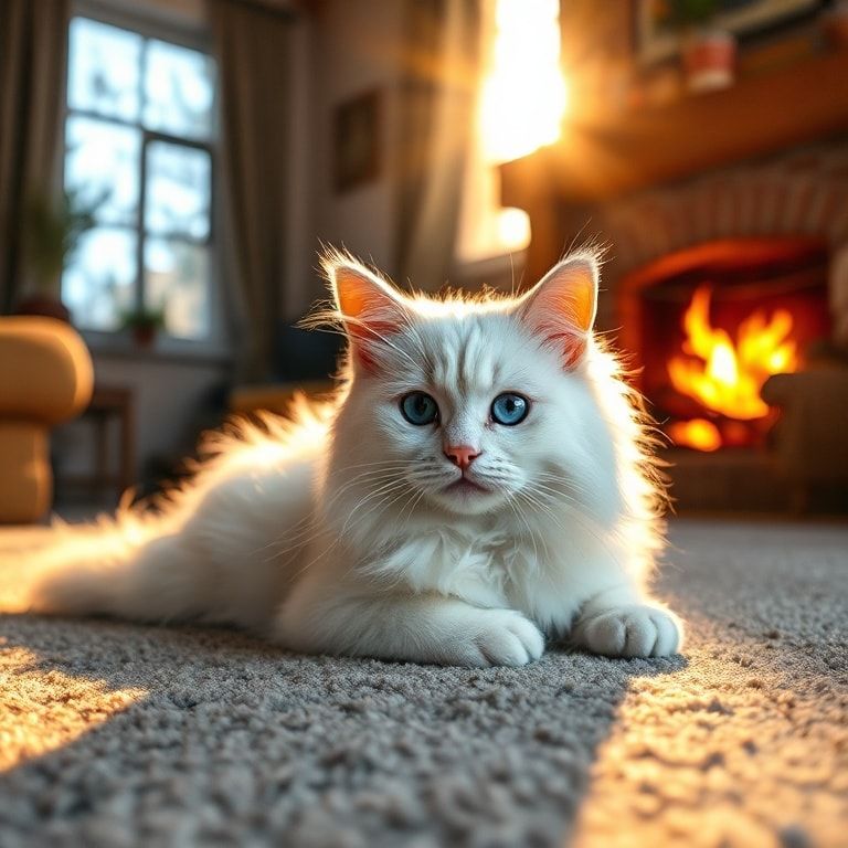 A cute, fluffy long-haired white cat with bright blue eyes, lying on a soft gray carpet in a cozy living room with a warm fireplace in the background. Bathed in warm golden hour sunlight streaming through a nearby window. Highly detailed photorealistic style, serene and cozy atmosphere, 1024x1024 pixels