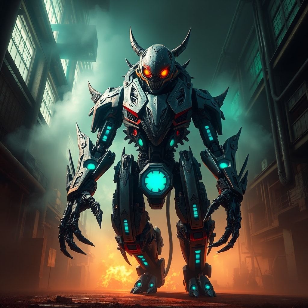 A towering, biomechanical robot with jagged metallic plating and glowing blue veins stands in a dimly lit, fog-choked industrial corridor, its hollow eyes scanning the shadows as eerie green emerge...