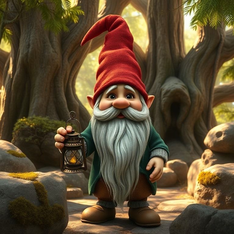 A detailed, photorealistic image of a friendly, bearded gnome with a pointed hat, holding a small, old-fashioned lantern. The gnome is standing in a cozy, rustic forest setting with moss-covered rocks and ancient trees in the background. Soft, warm sunlight filters through the leaves, creating a magical and peaceful atmosphere. The style is highly detailed and realistic, with a warm color palette dominated by earth tones.