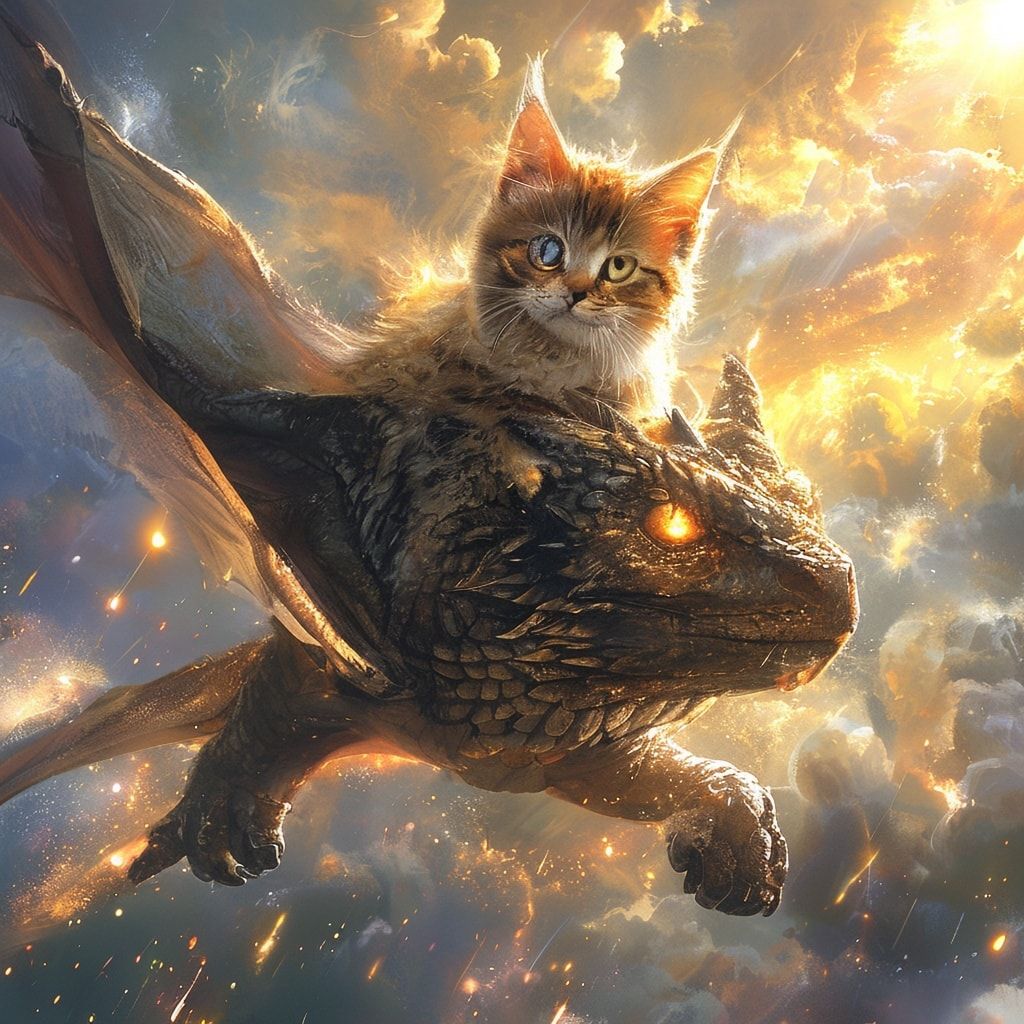 A high-fantasy illustration of a cat soaring through the sky, confidently perched on the back of a majestic, glowing dragon. The dragon has detailed, scaly skin and piercing, magical eyes. The cat has bright, expressive eyes and fluffy fur. They are flying against a dramatic, cloudy sky with sunlight streaming through, creating a sense of wonder and adventure. The scene is filled with magical sparkles and light effects, emphasizing the fantastical nature of their flight.