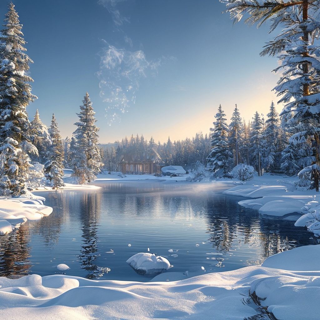 A breathtaking winter landscape featuring a frozen lake surrounded by snow-covered evergreen trees. In the distance, a cozy wooden cabin with smoke gently rising from its chimney nestles among the trees. The sky is a clear, deep blue, and the low sun casts a warm golden glow over the scene, creating a magical, serene atmosphere. The snow on the ground and trees is detailed with crisp, photorealistic texture, emphasizing the cold, fresh air. The composition is balanced, with the lake leading the eye toward the cabin, evoking a sense of peaceful solitude and winter wonder. Photorealistic style, high detail, vibrant colors, natural lighting.