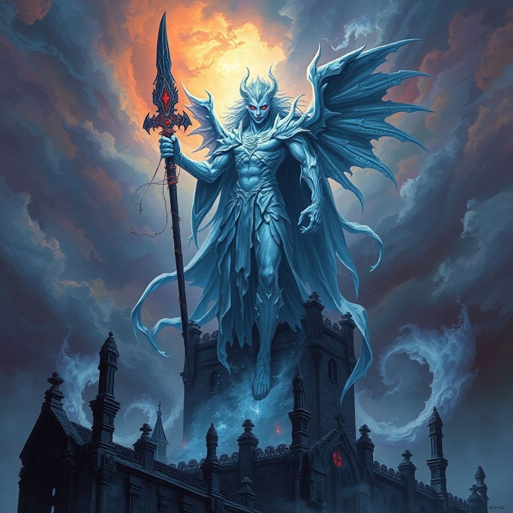 A towering, ethereal figure with silver-blue skin and glowing crimson eyes stands atop a ruined cathedral, wreathed in swirling shadows, raising a jagged obsidian blade as storm clouds churn overhe...