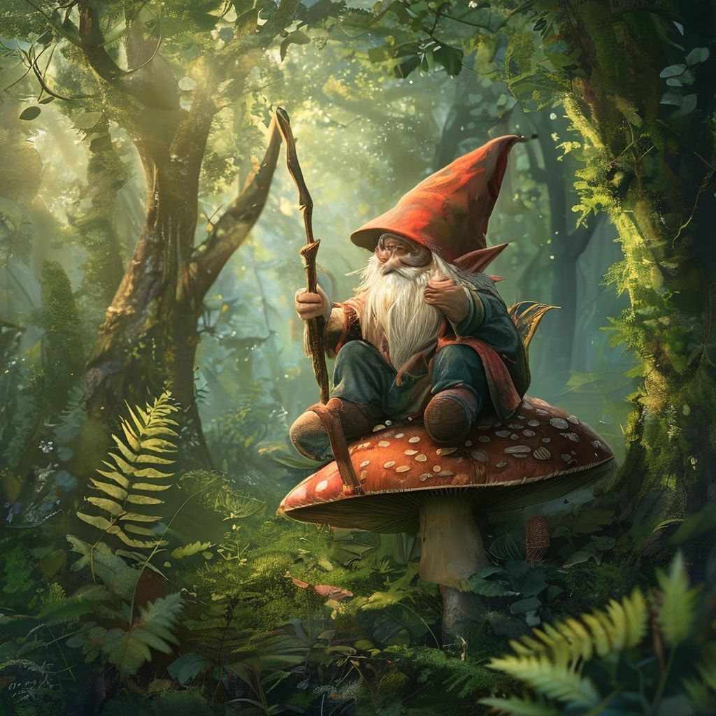 A detailed and realistic image of a gnome sitting on a large mushroom in an enchanted forest, surrounded by lush green trees and ferns, with a soft, magical light filtering through the canopy above. The gnome is dressed in traditional attire with a pointed hat, holding a small staff. The scene has a whimsical and serene atmosphere, with intricate details on the gnome's clothing and the natural environment.