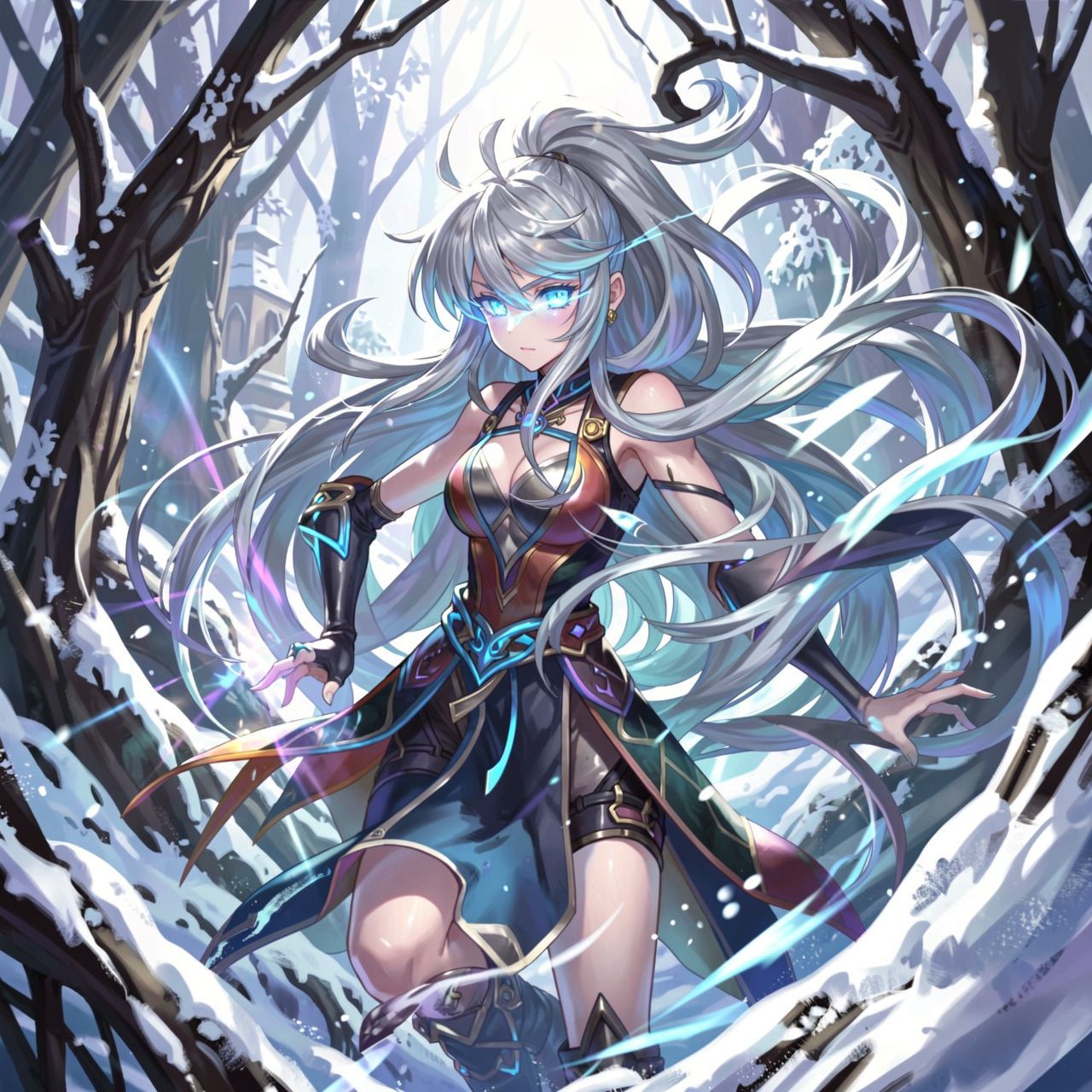mystical young woman with silver hair and glowing blue eyes stands amidst an ancient, snow-laden forest