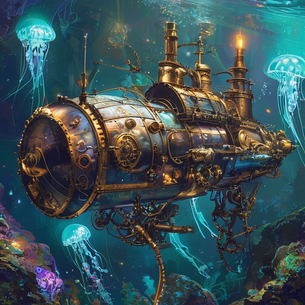 A majestic steampunk submarine glides through the deep ocean, its brass and copper hull gleaming under the soft glow of bioluminescent jellyfish. The intricate gears and pipes of the vessel are ill...