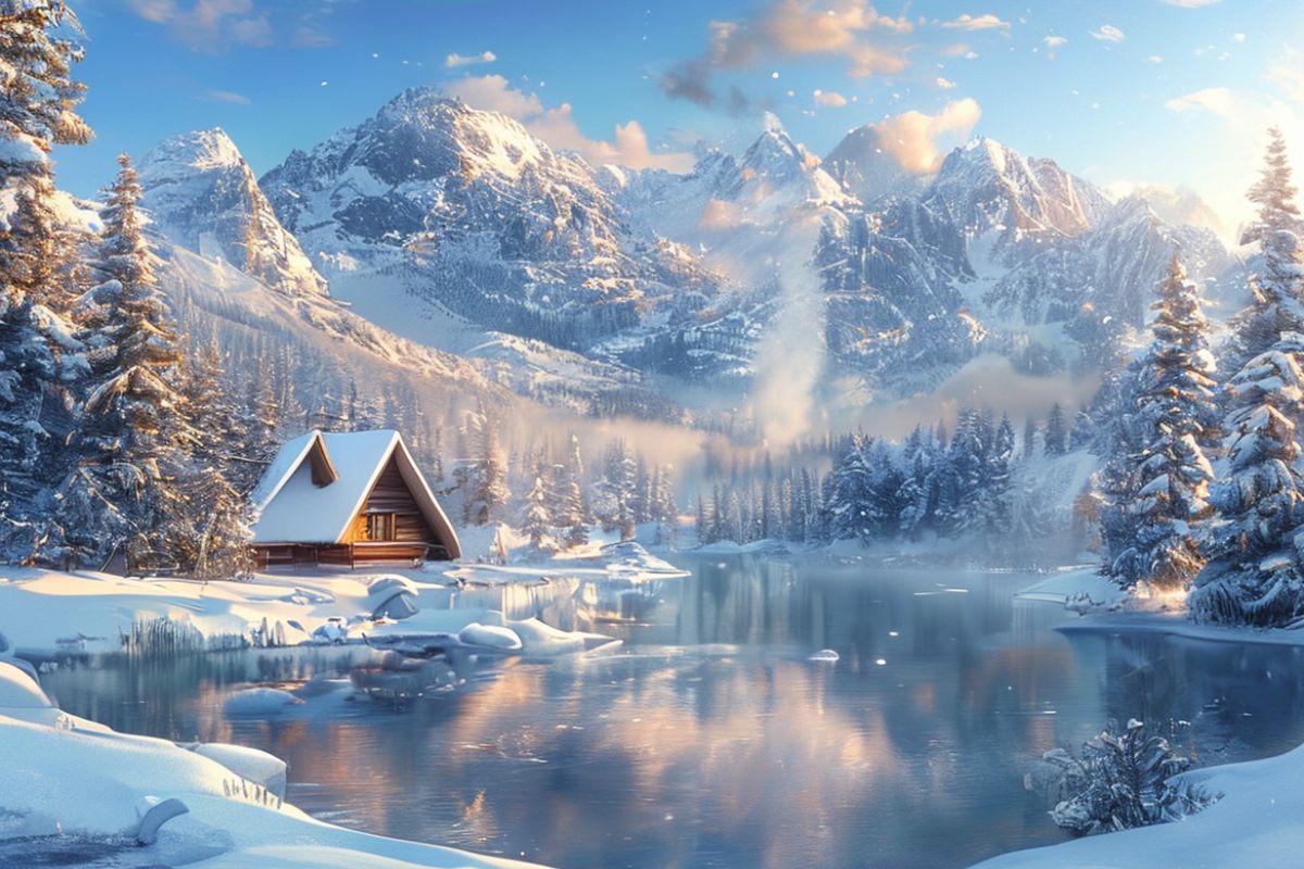 A breathtaking winter wonderland scene with snow-covered mountains in the background, a frozen lake in the middle ground reflecting the clear blue sky, and a cozy wooden cabin with smoke rising from its chimney nestled among snow-laden pine trees. The scene is bathed in soft, warm golden light from the low winter sun, creating a serene and magical atmosphere. Detailed photorealistic snow texture, crisp cold air, and a sense of peaceful isolation and tranquility.