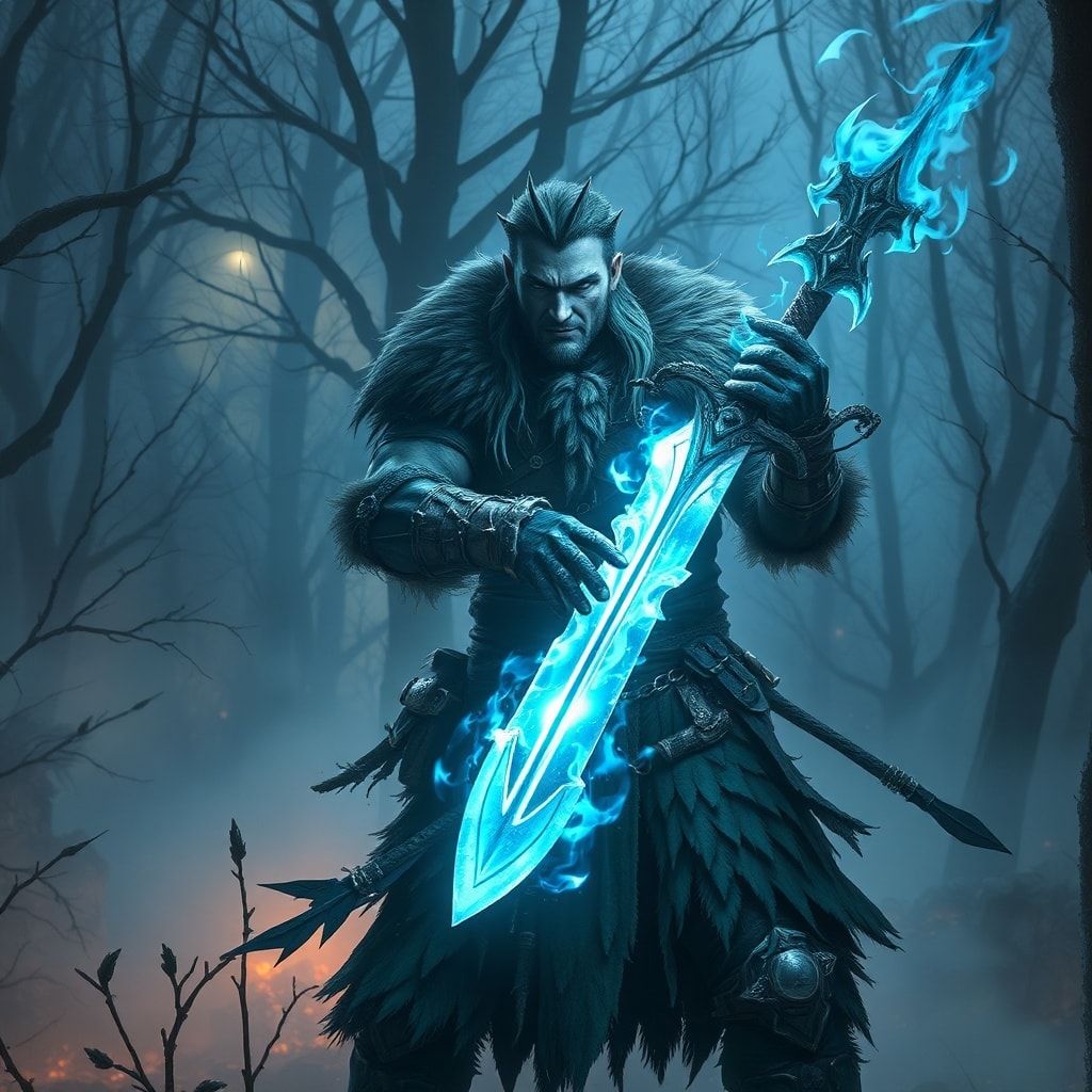 A battle-worn fantasy warrior, clad in tattered fur and enchanted steel, stands amidst a mist-shrouded forest at dusk, his sword glowing with ethereal blue flames as he faces an unseen foe, surroun...