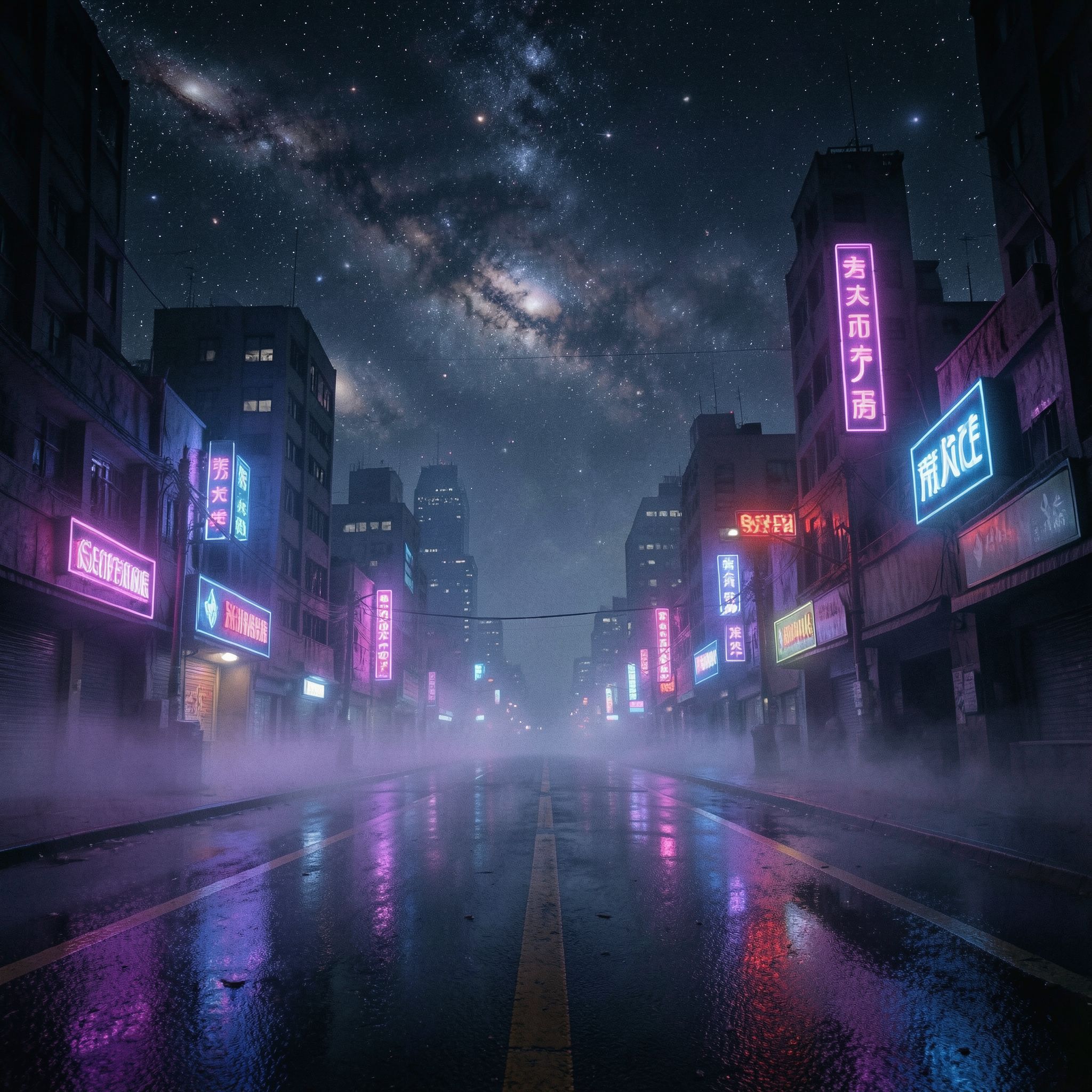 A dark synthwave cinematic scene: an empty night road cutting through a futuristic noir city, glowing with deep neon lights in purple, blue, and crimson. Thick fog drifts across the street, reflecting neon signs and distant skyscrapers. Above the city, the night sky opens into a surreal cosmic view — stars, nebula clouds, and faint galaxies blending into the urban skyline. The atmosphere is mysterious, epic, and cinematic, mixing cyberpunk noir with cosmic fantasy. High contrast lighting, dramatic perspective, wide-angle shot, neon reflections on wet asphalt, volumetric fog, deep shadows, subtle film grain, retro-futuristic color palette, epic dark mood, like a scene from a sci-fi movie