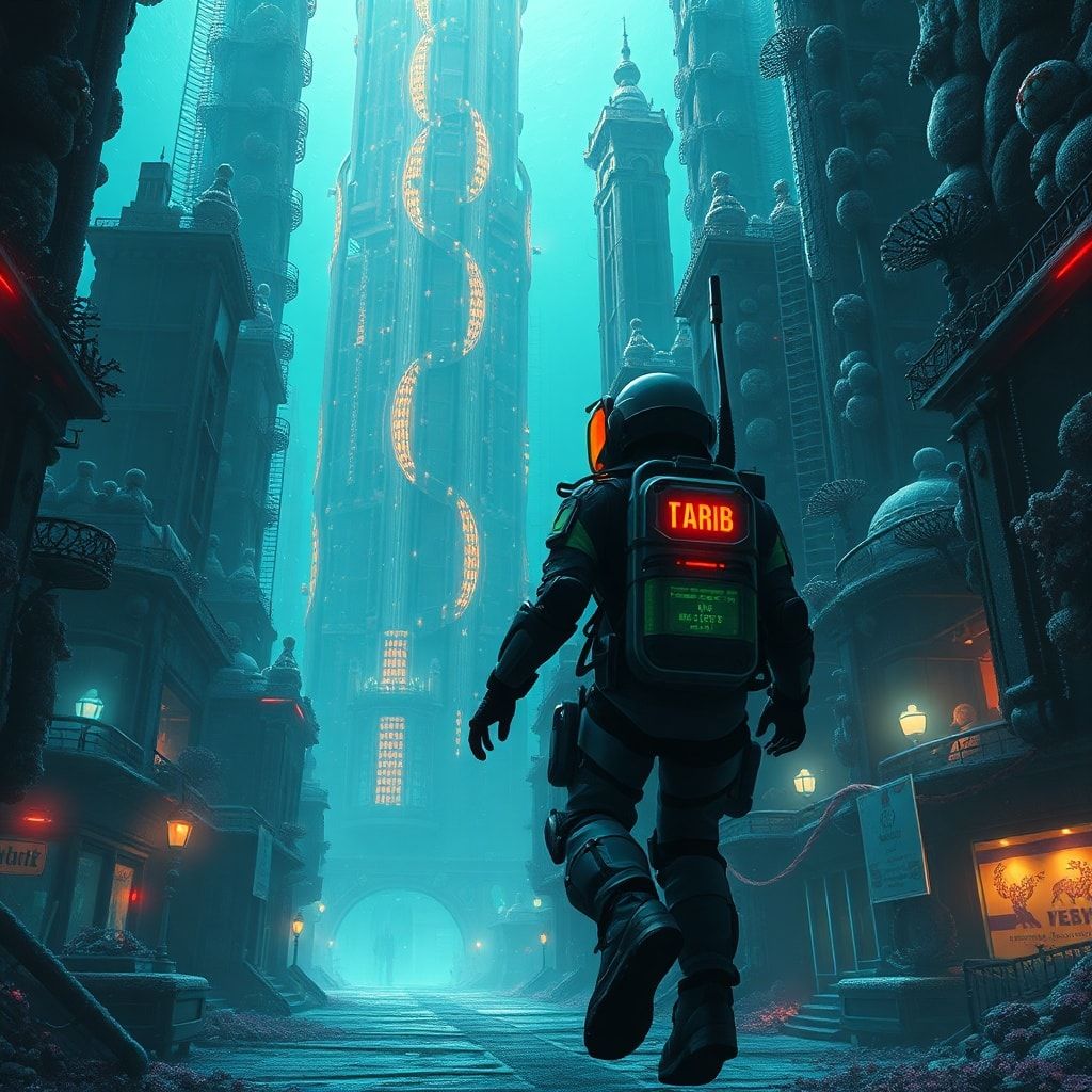 A lone deep-sea explorer in a high-tech diving suit navigates through the labyrinthine streets of an abandoned underwater metropolis, where towering coral skyscrapers pulse with an eerie biolumines...
