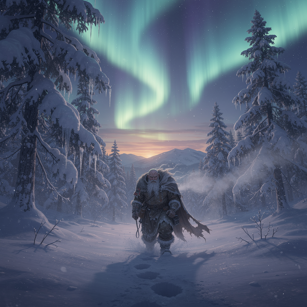 A lone frostbitten traveler in tattered furs trudges through a snow-laden forest at dusk, their breath visible in the crisp air, as ethereal auroras dance above towering ice-covered pines, casting ...