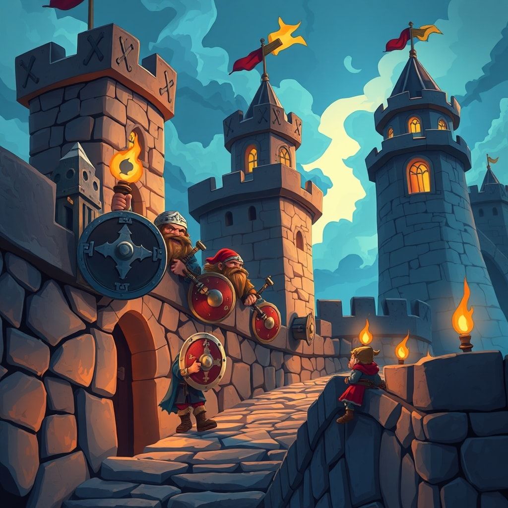 Cartoon style dwarven fantasy video, animated style, anime art style. Dwarven fortress under siege—shields along parapets, gates holding, torchlight on stone, slow dramatic camera along the walls, steadfast defense mood, high quality visual effects, family-friendly fantasy aesthetic