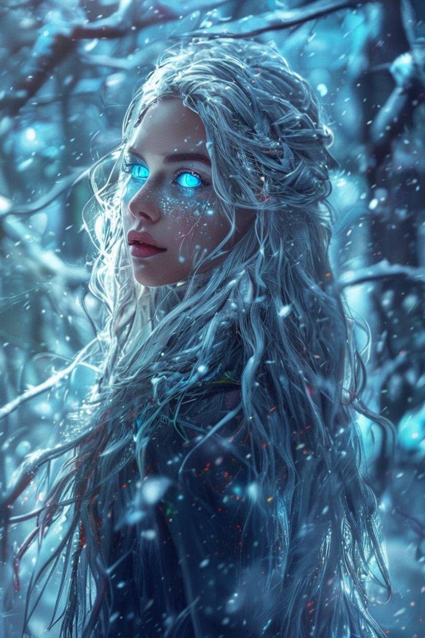 mystical young woman with silver hair and glowing blue eyes stands amidst an ancient, snow-laden forest