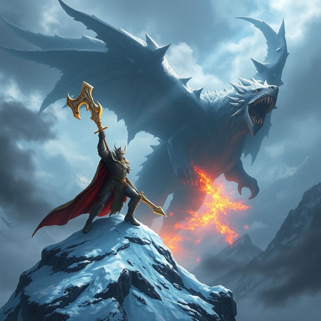 A towering, armored warrior stands atop a snow-capped peak, wielding a glowing rune-etched blade as a colossal, scaled beast descends from storm-wracked skies, its wings casting jagged shadows over...