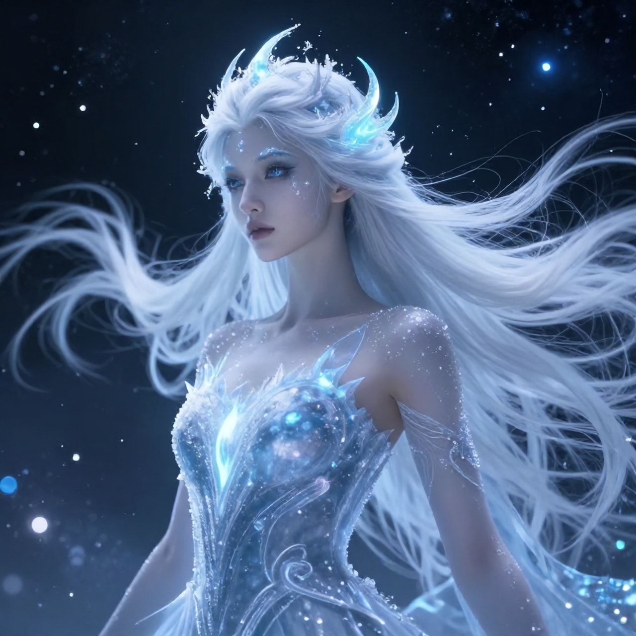 ethereal frozen oracle girl, pale icy skin, white-silver hair, luminous moon sigil, frost particles, cosmic silence, cinematic ultra-detailed