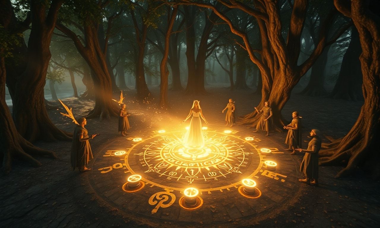 Cinematic elven magic circle ritual fantasy video, slow panning around a sacred grove where an elegant elven maiden and companions form a glowing magic circle, runes and wards rising in the air, gentle camera movements and smooth transitions, soft light particles and dome of protection, moonlight through ancient trees, ritual and protective atmosphere, fantasy aesthetic, peaceful and mystical mood, high quality visual effects, dreamlike composition