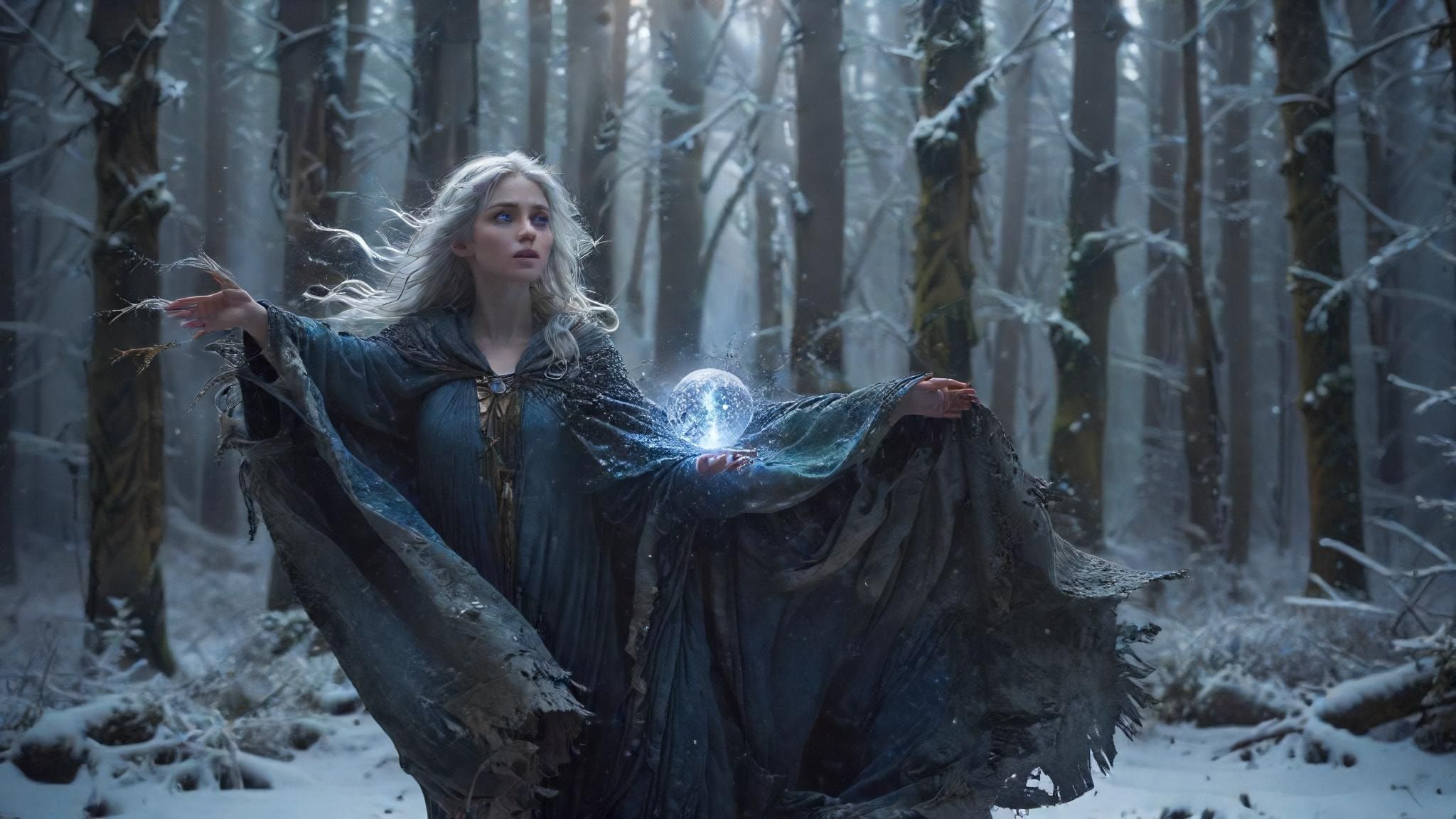 A mystical young woman with silver hair and glowing blue eyes stands amidst an ancient, snow-laden forest, her tattered cloak billowing in the icy wind as she gazes at a floating orb of ethereal li...